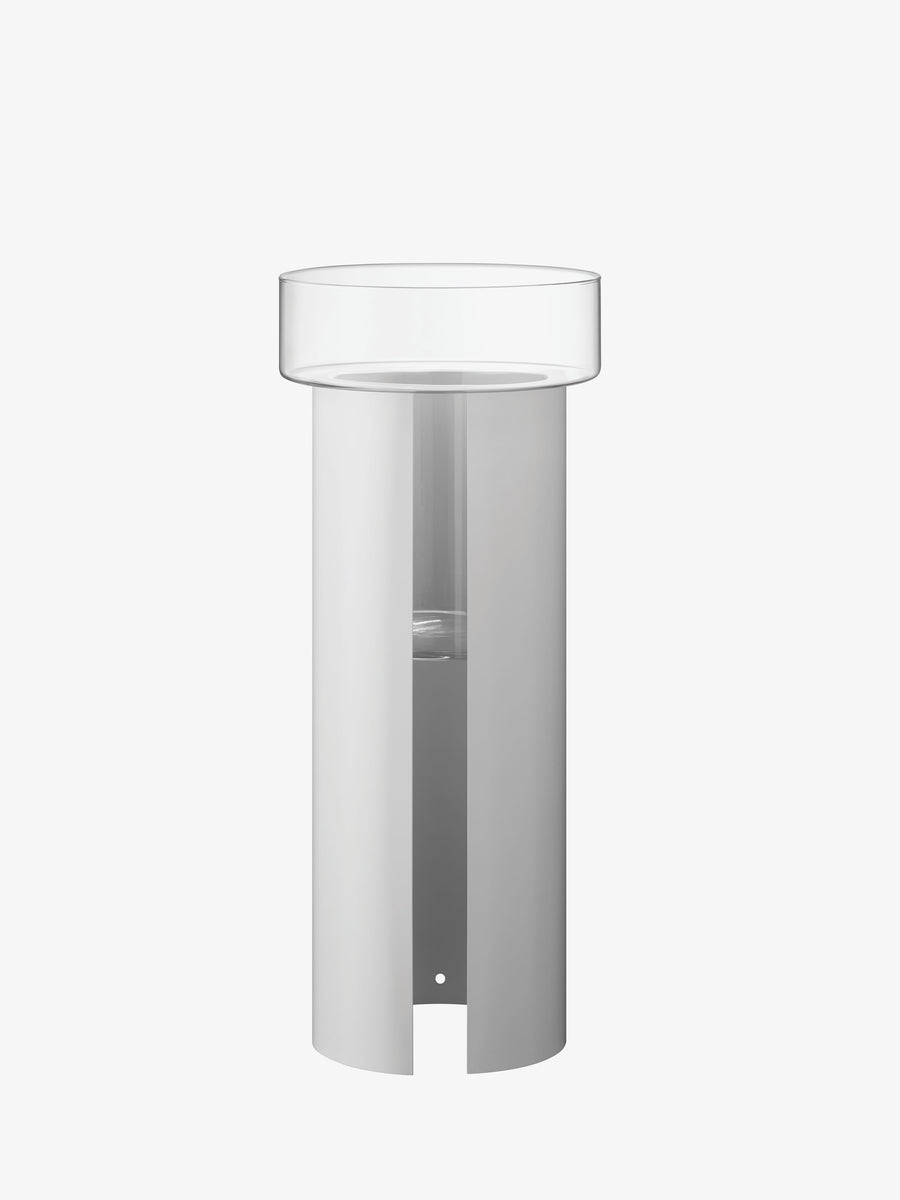 LSA International Planter featuring a tall cylindrical solid white base with a vertical slit and a clear glass planting bowl top section.