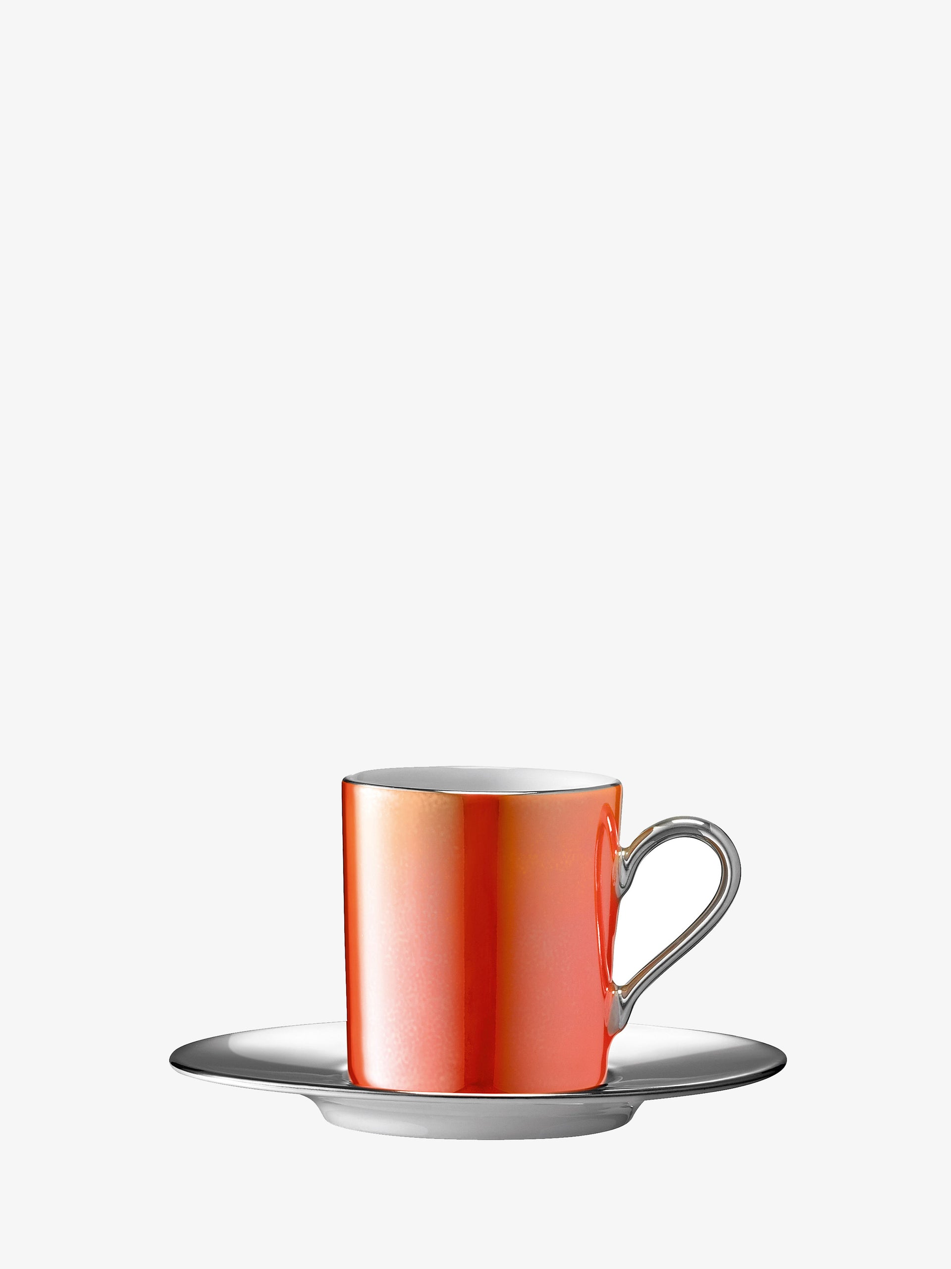 A lsa-international Coffee Cup & Saucer featuring a shiny, iridescent orange cup with a silver handle rests on a matching white saucer with a silver rim, set against a plain white background.