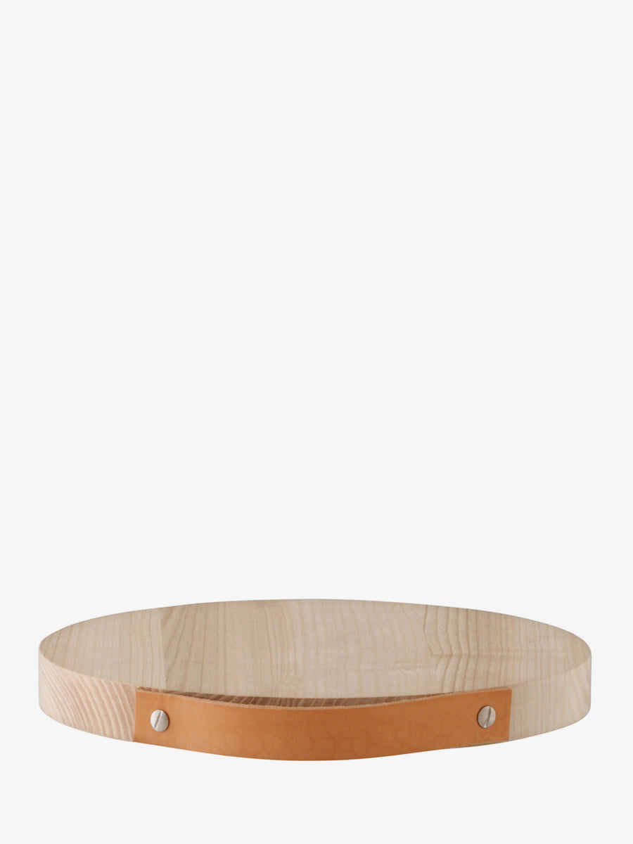 The lsa-international Board Ash & Leather Handle is a round serving board, crafted from light ash wood that is sustainably sourced, and finished with a tan leather handle secured by two metal rivets. It is shown set against a white background.