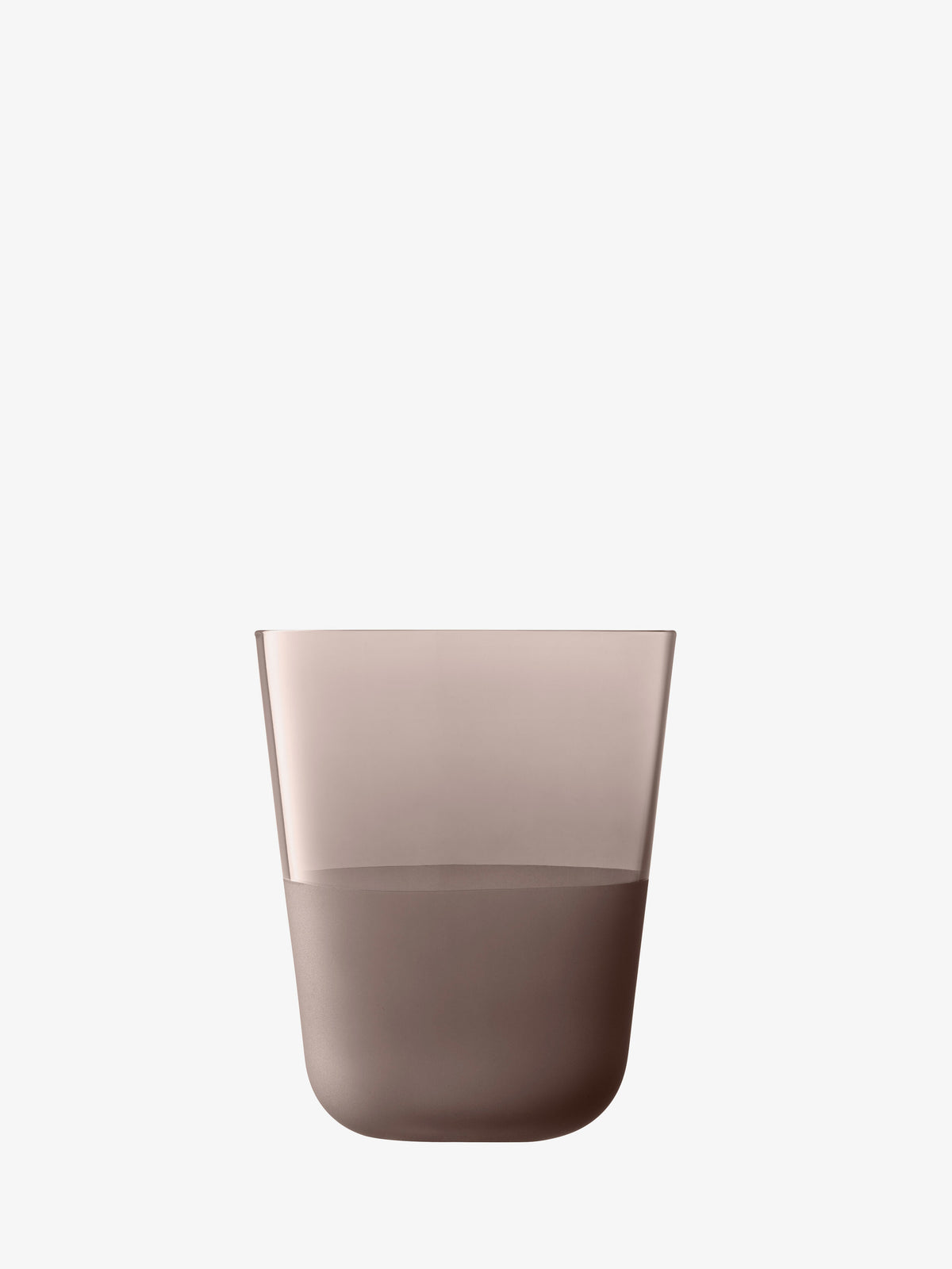 A translucent, brown-tinted soda-lime glass Tumbler by lsa-international, featuring a matte textured finish, is half full of liquid and set against a plain white background.