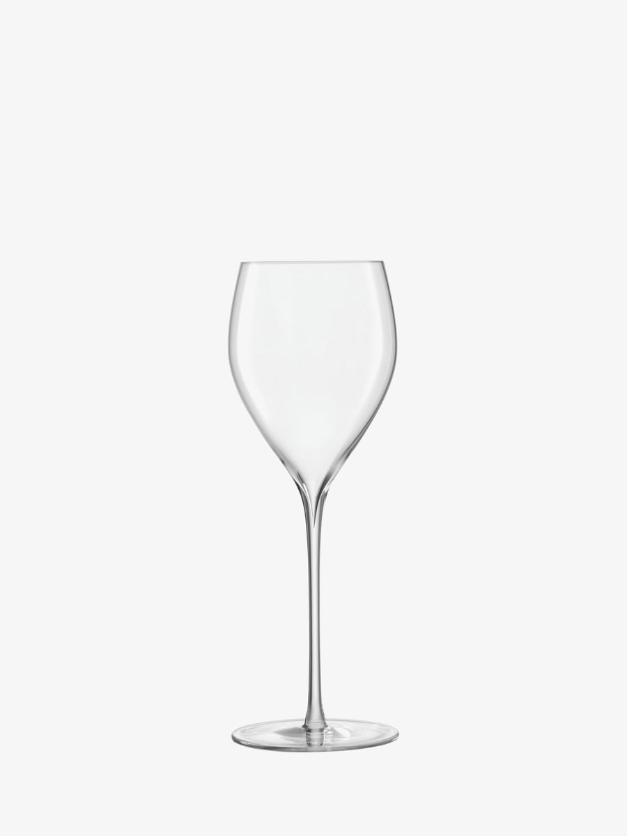The lsa-international White Wine Glass, mouth-blown for exceptional clarity, features a hand-drawn long stem and wide bowl. Centered on a plain white background, this elegant glass showcases refined craftsmanship and timeless simplicity.