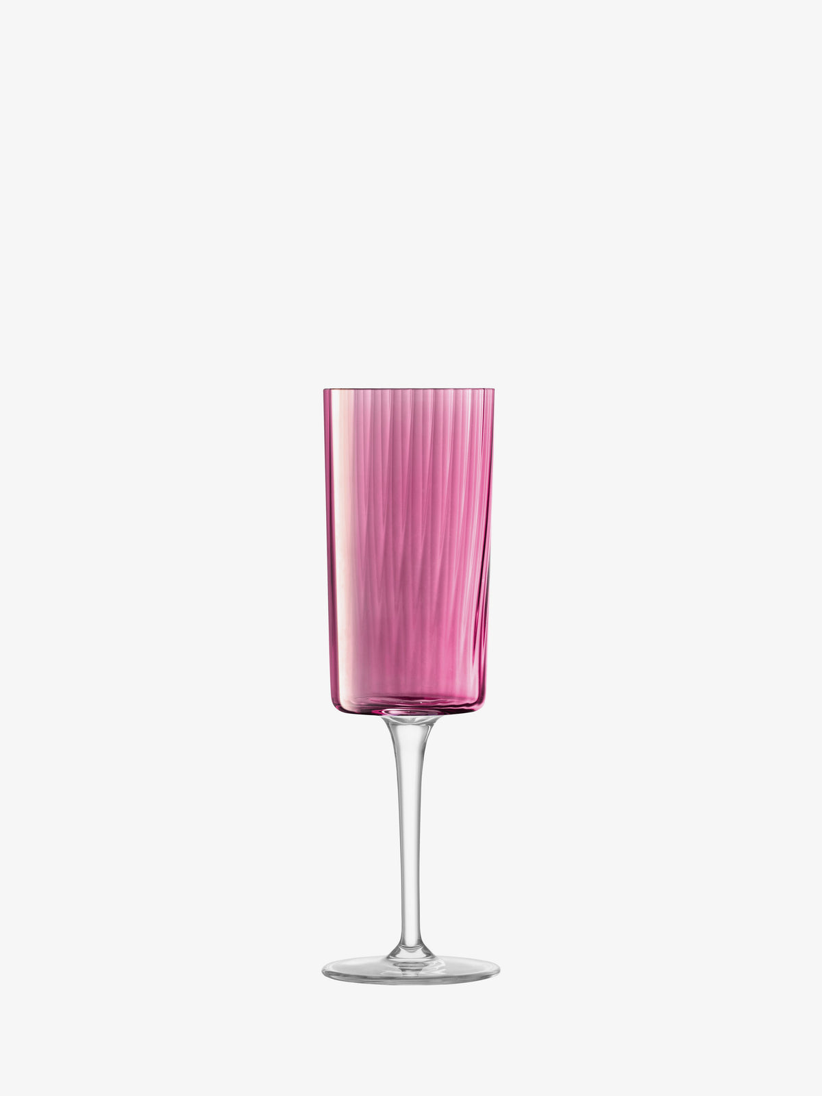 A tall lsa-international Champagne Flute featuring a clear stem and a textured, translucent pink bowl is shown against a plain white background.
