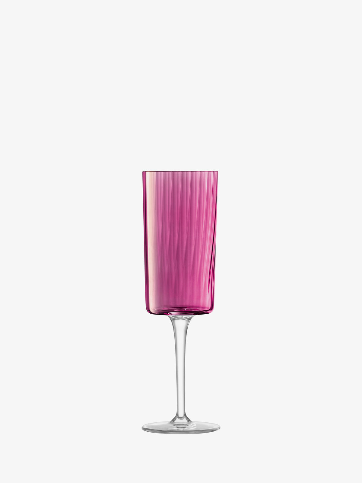 The lsa-international Champagne Flute features a pink, vertically ribbed bowl and a clear, slender stem, reminiscent of textured flutes, displayed against a plain white background.