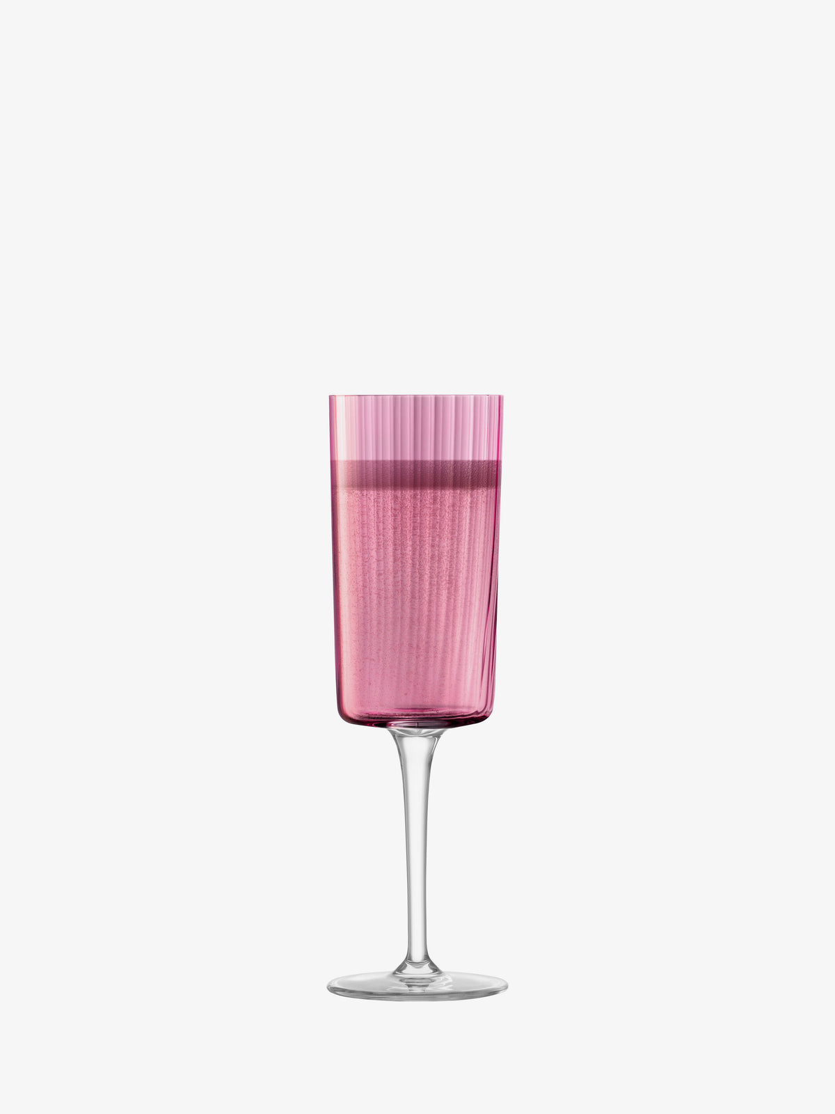A tall, clear lsa-international Champagne Flute with a pink tint and vertical ribbed texture, filled halfway with matching pink liquid, set against a plain white background.