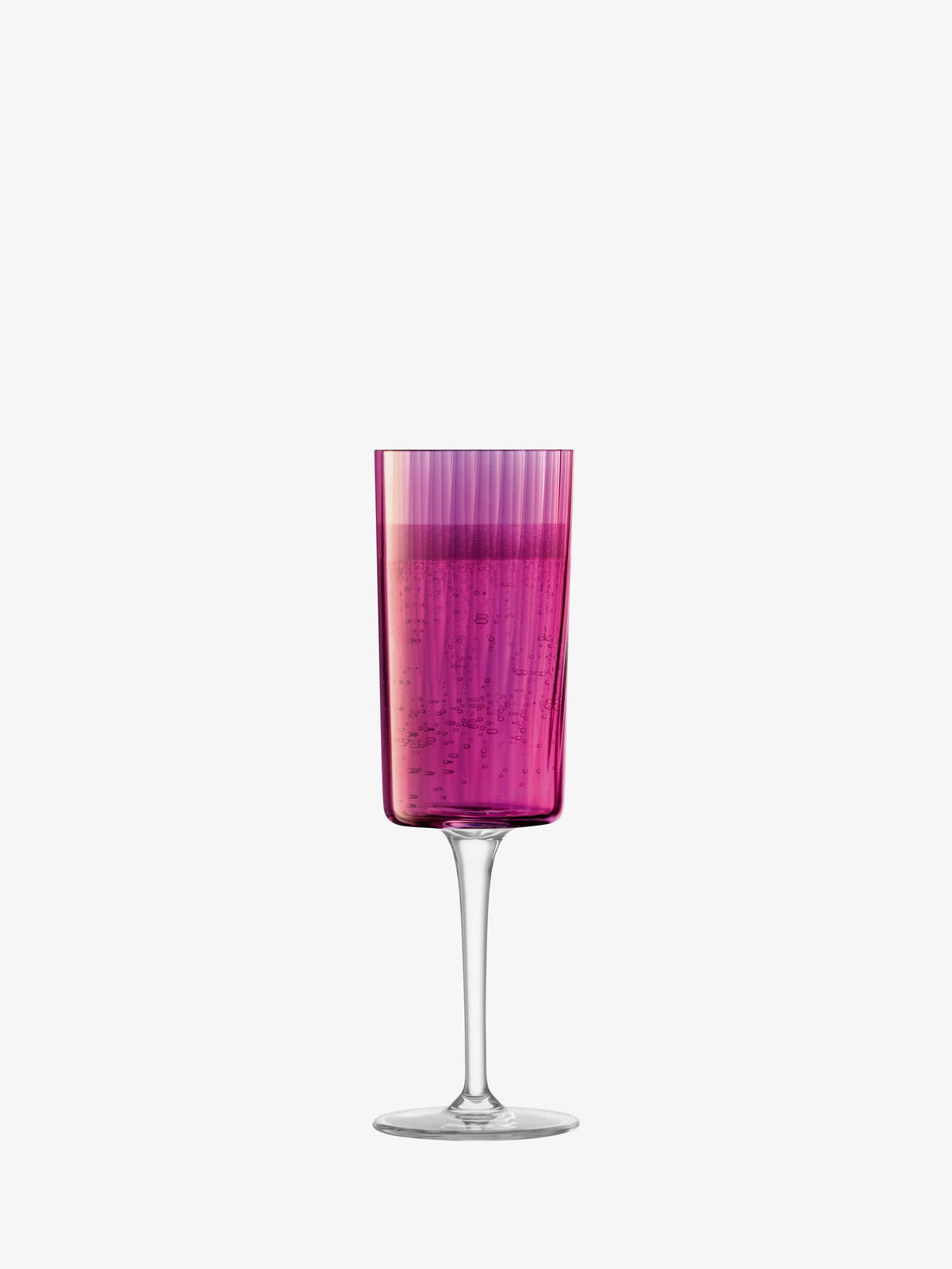 A tall, clear lsa-international Champagne Flute filled with a vibrant pink liquid and delicate bubbles, displayed against a plain white background, evokes the elegance of hand-painted textured flutes.