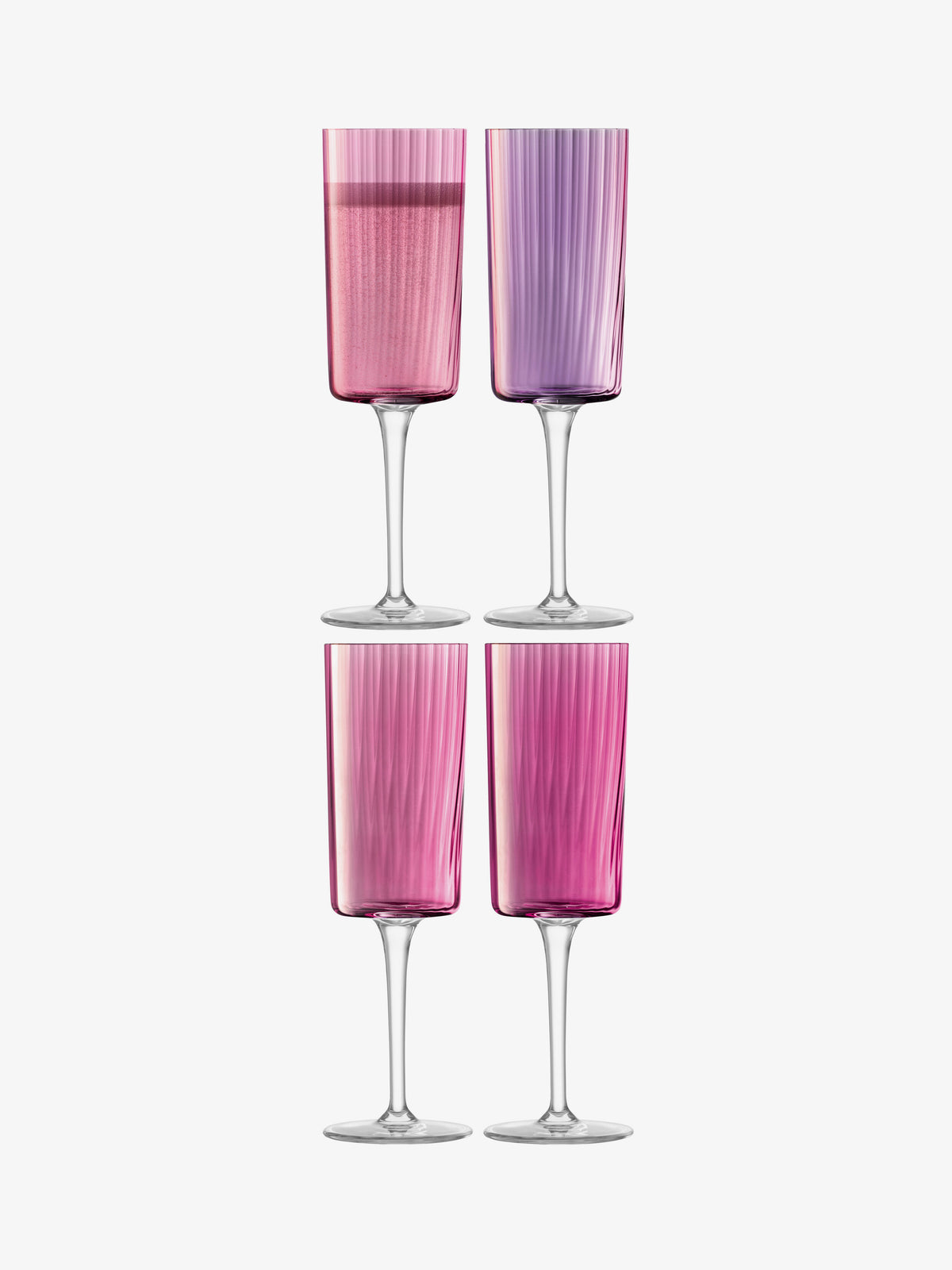 Four translucent Champagne Flutes by lsa-international, each tinted in varying shades of pink and purple with vertical textured lines, are arranged in two rows on a white background. The elegant design is reminiscent of hand-painted fluted glassware.