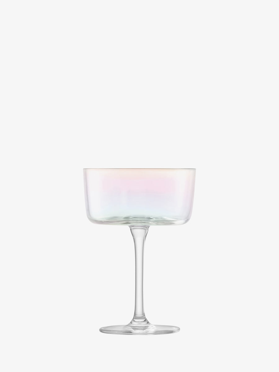 An elegant lsa-international Champagne/Cocktail Glass, featuring a clear iridescent finish, a wide bowl, and a short stem, is displayed against a plain white background, highlighting the sophisticated beauty typical of luxury glassware.