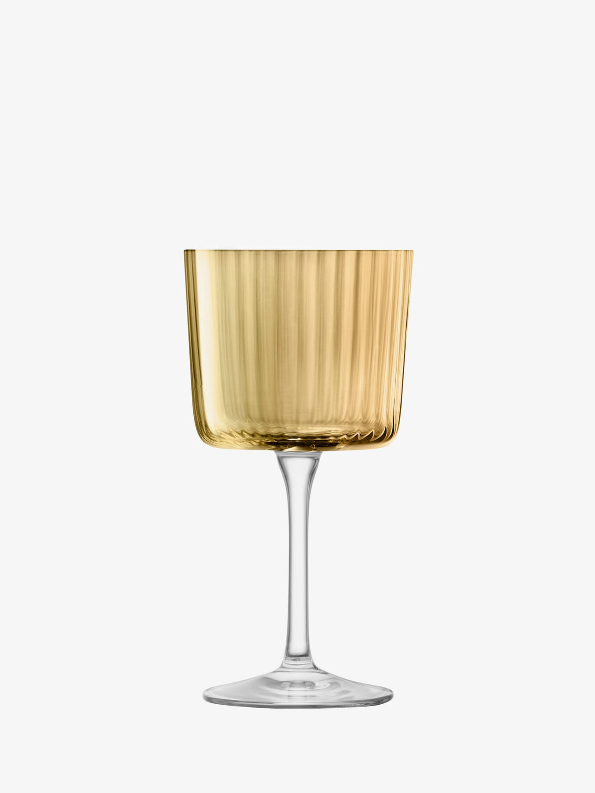 A clear wine glass with a textured, gold-tinted bowl and a slender stem, set against a plain white background.