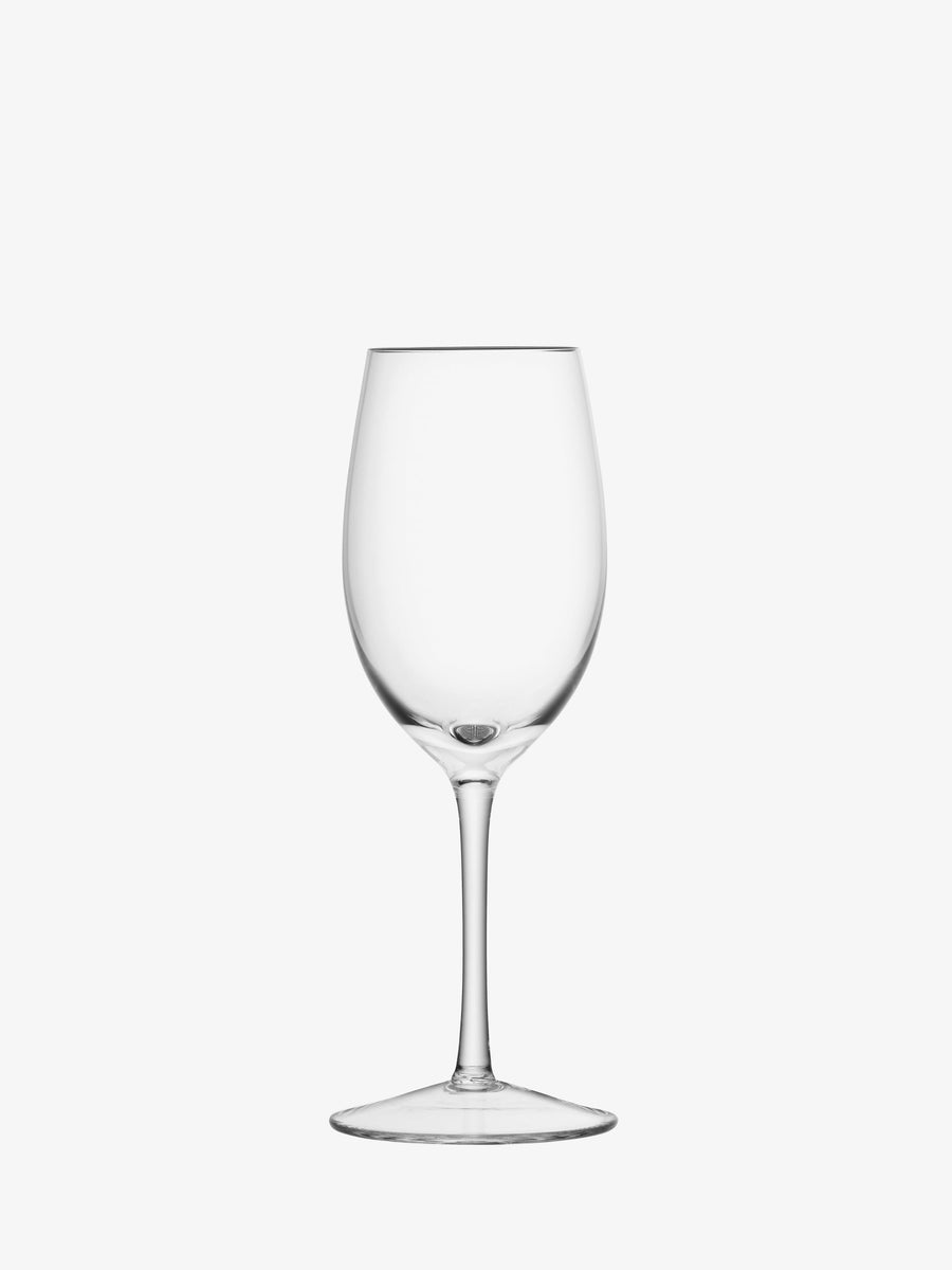 A clear lsa-international White Wine Glass, featuring a long, hand-drawn stem and wide bowl, is centered against a white background.