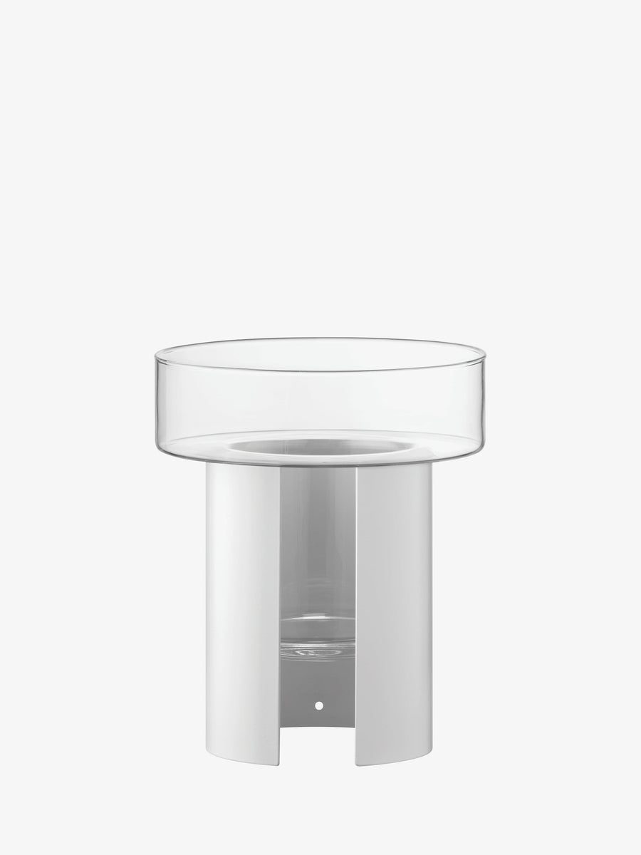 An LSA International Planter featuring a wide, clear glass planting bowl supported by a cylindrical white base.